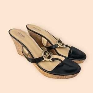 MICHAEL MICHAEL KORS Palm Beach Black Leather Patent Wedge Sandals